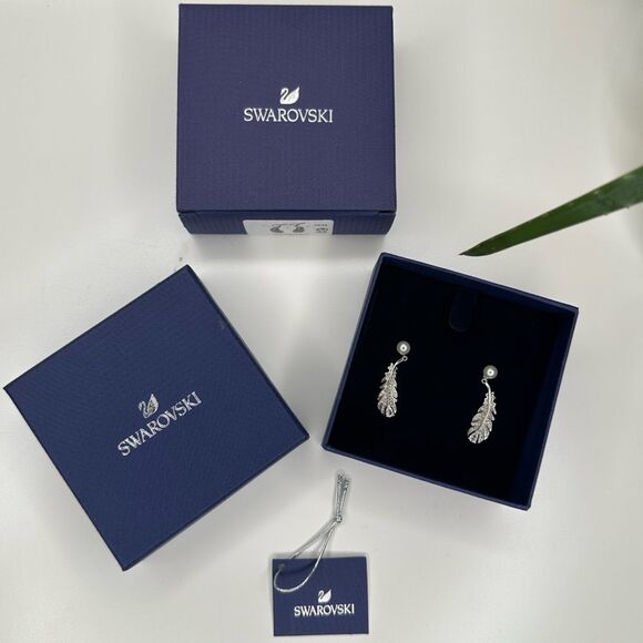 Swarovski Feather Drop Earrings with Pearl Accent | Silver Tone CZ Style 5496052 - Picture 3 of 9